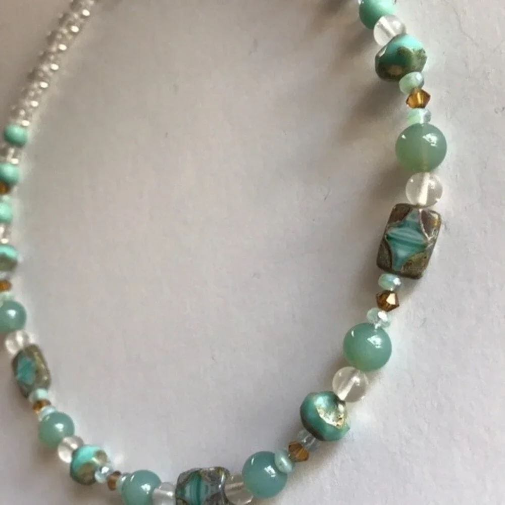 Vintage Handmade Teal Amazonite Rock Crystal Beads Swarovski Sterling Necklace